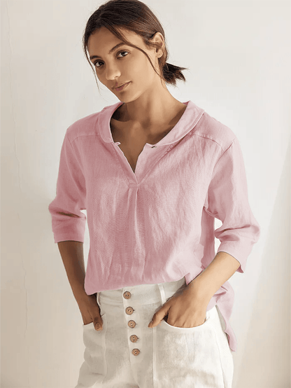 Top de lino con cuello chal y escote en V para mujer-Tops for women-Casaluzia