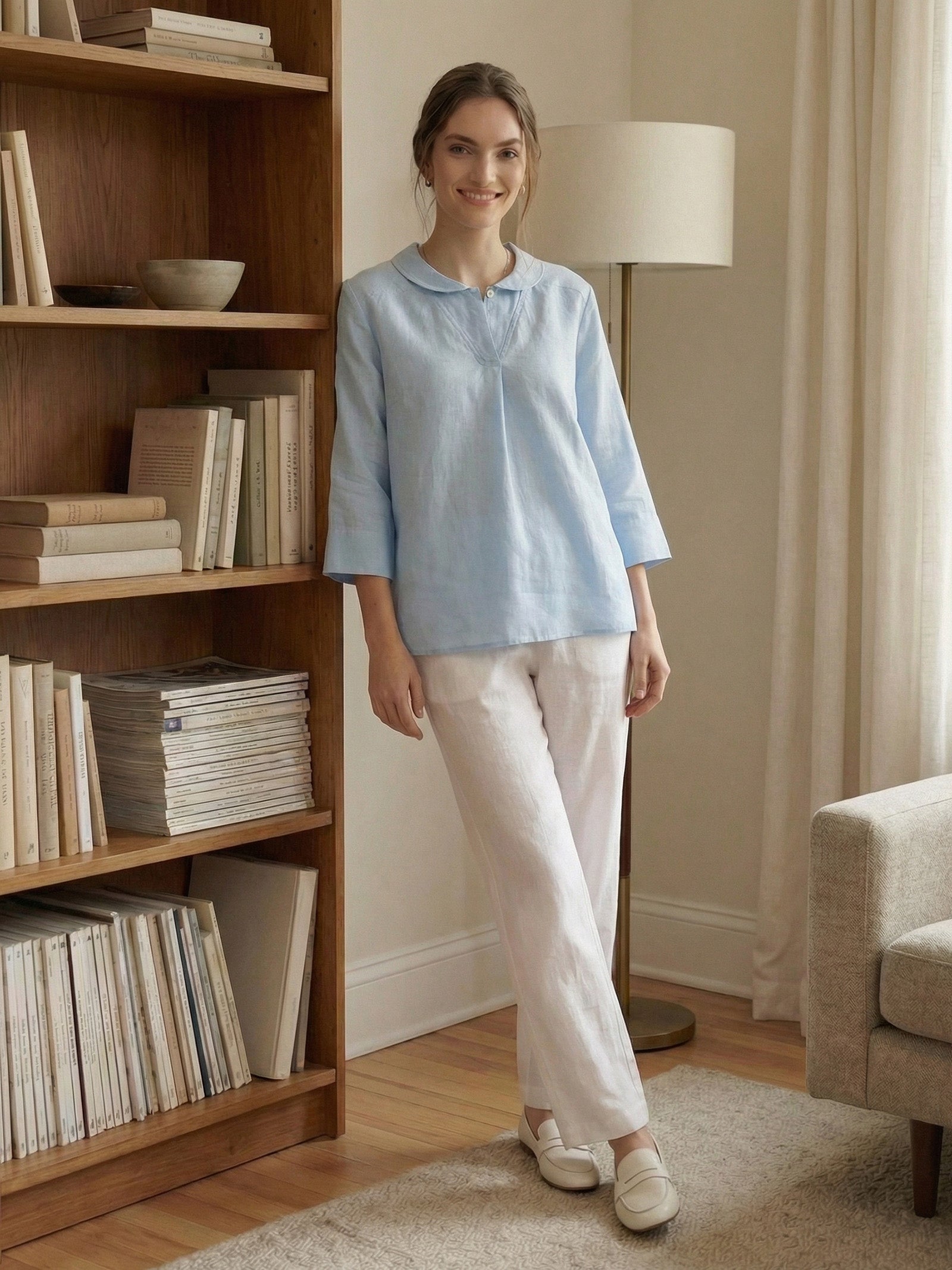 Top de lino con cuello chal y escote en V para mujer-Tops for women-Casaluzia