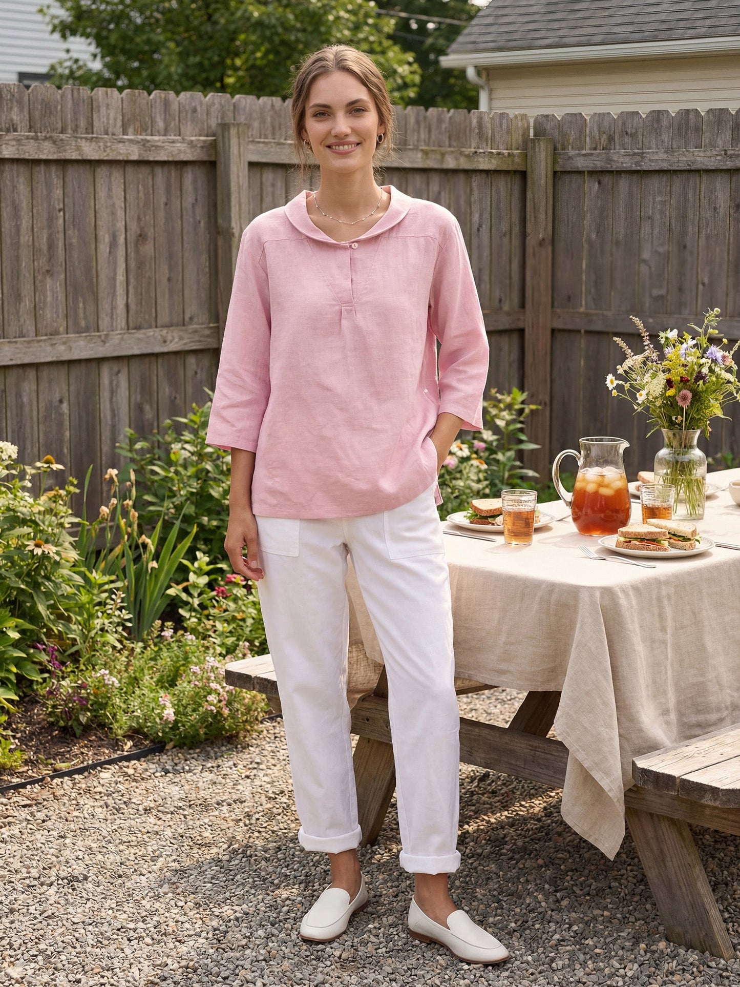 Top de lino con cuello chal y escote en V para mujer-Tops for women-Casaluzia