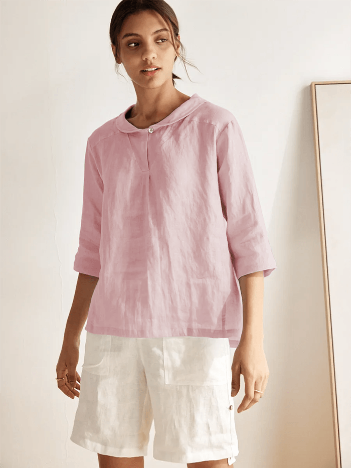 Top de lino con cuello chal y escote en V para mujer-Tops for women-Casaluzia