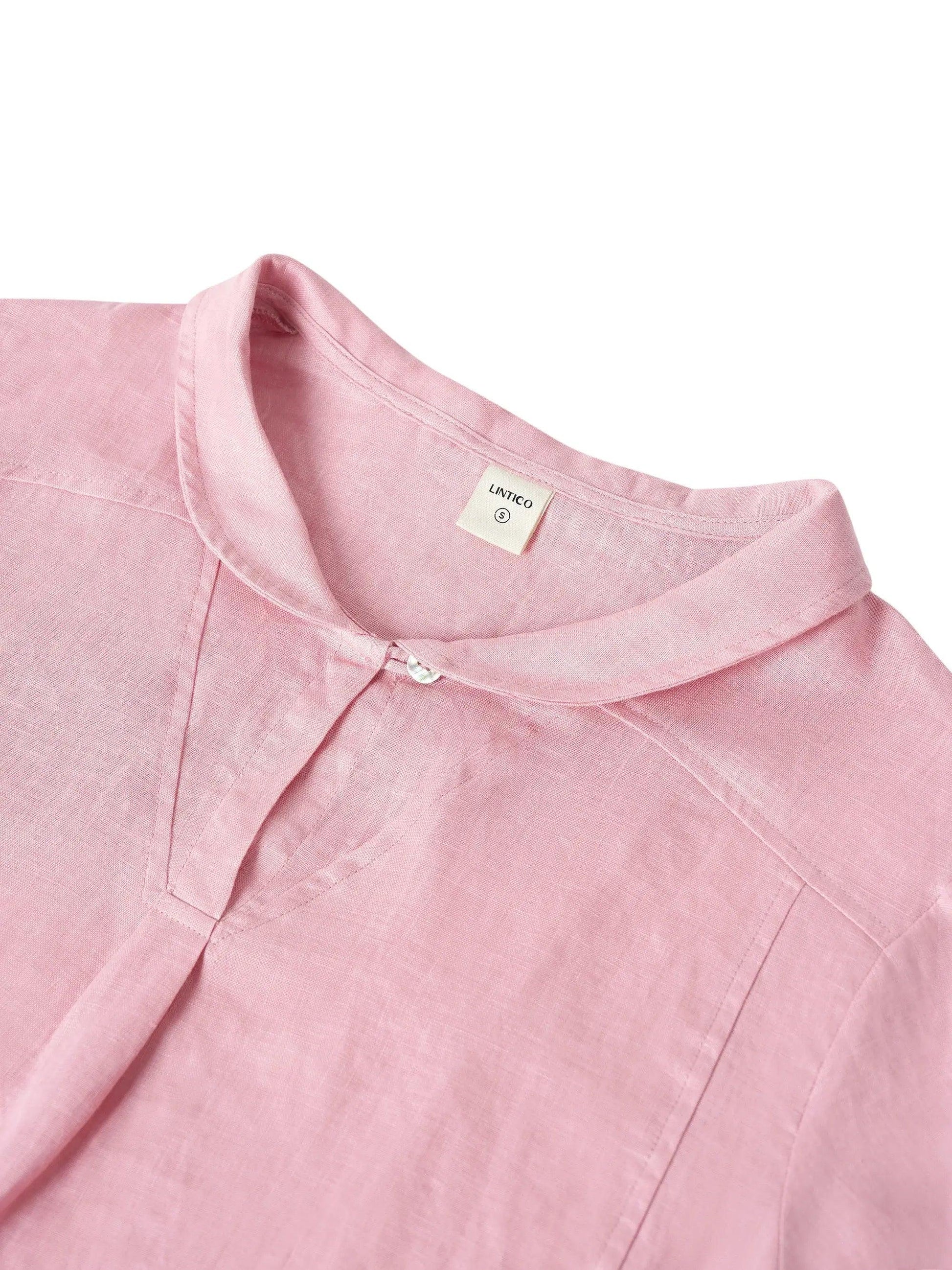 Top de lino con cuello chal y escote en V para mujer-Tops for women-Casaluzia