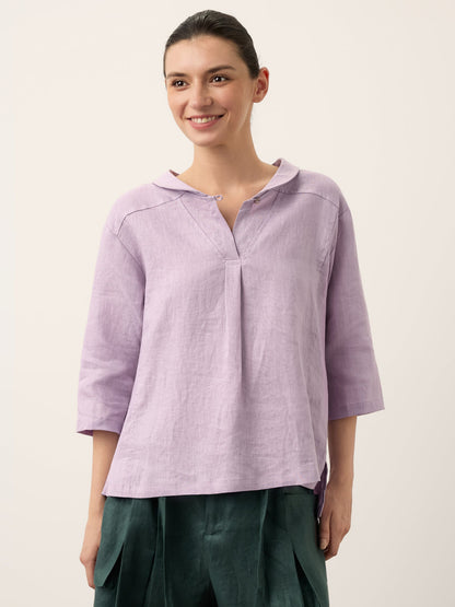 Top de lino con cuello chal y escote en V para mujer-Tops for women-Casaluzia