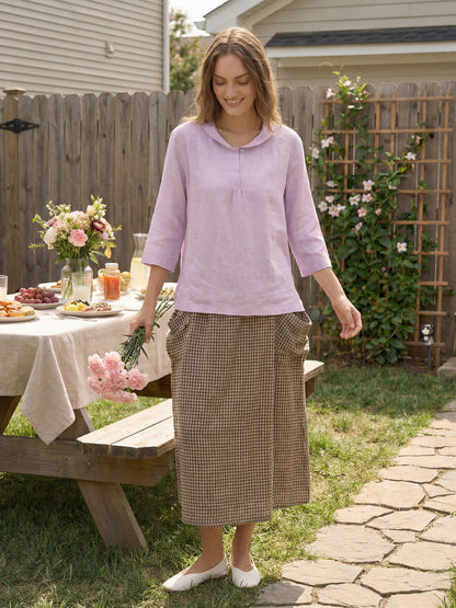 Top de lino con cuello chal y escote en V para mujer-Tops for women-Casaluzia