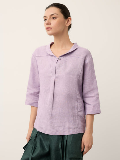 Top de lino con cuello chal y escote en V para mujer-Tops for women-Casaluzia