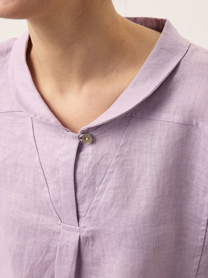 Top de lino con cuello chal y escote en V para mujer-Tops for women-Casaluzia