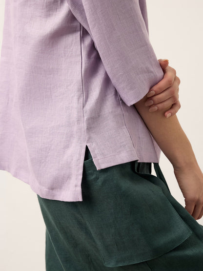 Top de lino con cuello chal y escote en V para mujer-Tops for women-Casaluzia