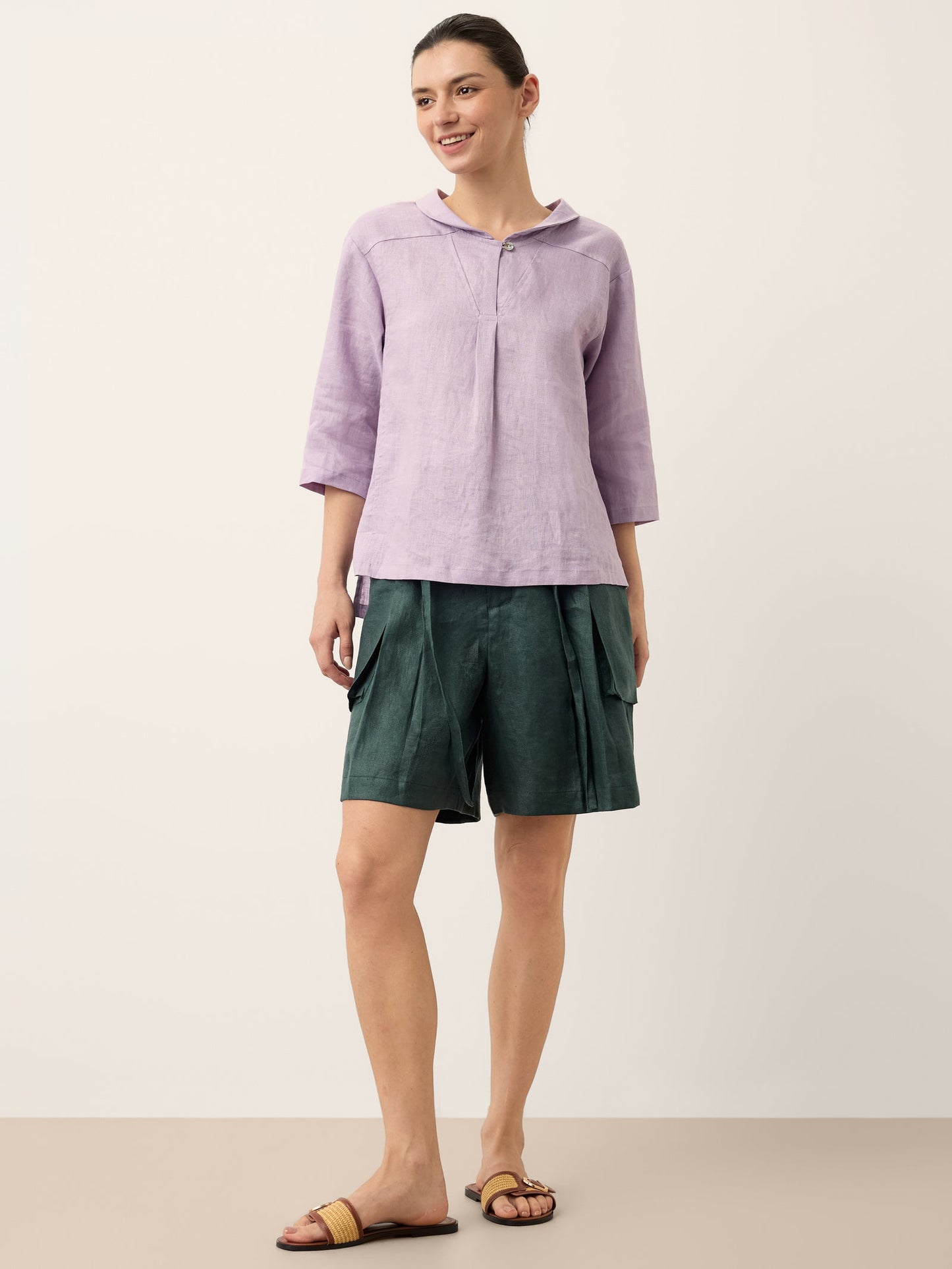 Top de lino con cuello chal y escote en V para mujer-Tops for women-Casaluzia