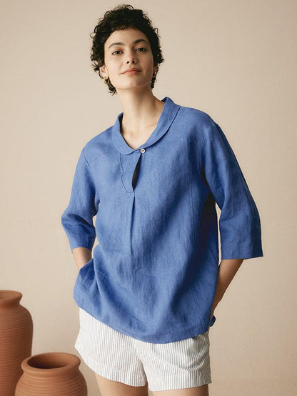 Top de lino con cuello chal y escote en V para mujer-Tops for women-Casaluzia