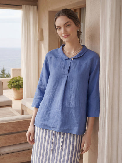 Top de lino con cuello chal y escote en V para mujer-Tops for women-Casaluzia