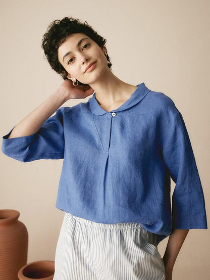 Top de lino con cuello chal y escote en V para mujer-Tops for women-Casaluzia