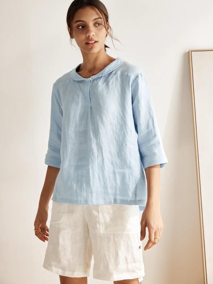 Top de lino con cuello chal y escote en V para mujer-Tops for women-Casaluzia