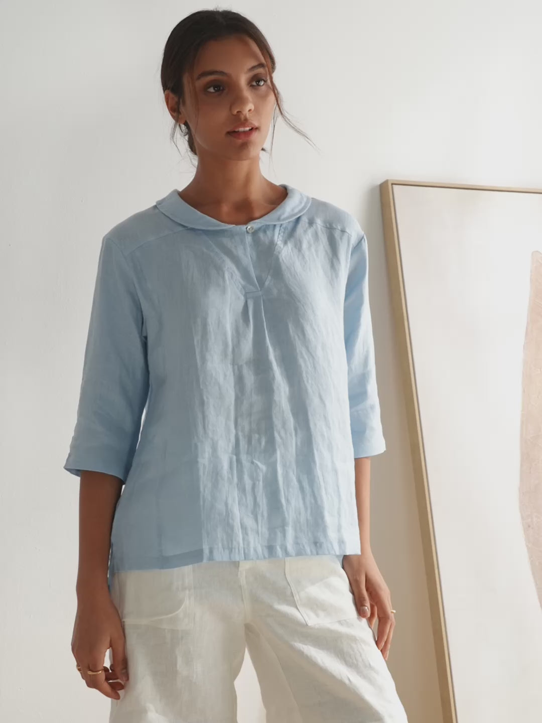 Top de lino con cuello chal y escote en V para mujer-Tops for women-Casaluzia