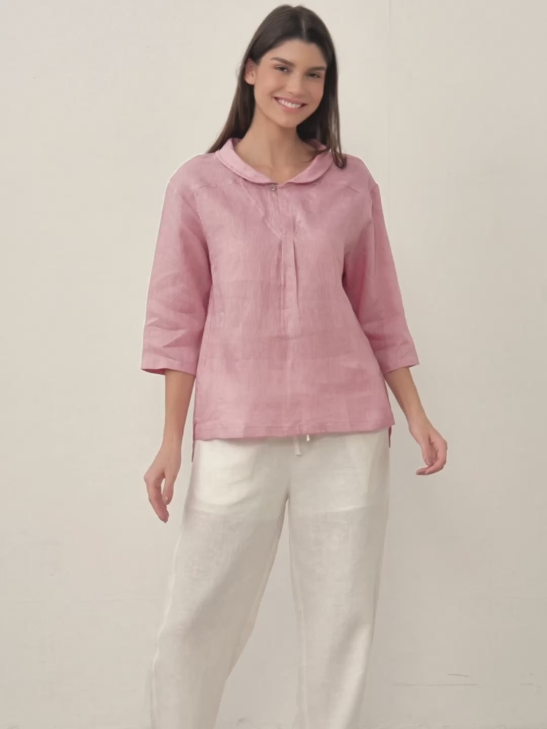 Top de lino con cuello chal y escote en V para mujer-Tops for women-Casaluzia