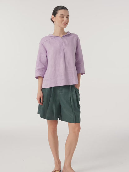 Top de lino con cuello chal y escote en V para mujer-Tops for women-Casaluzia