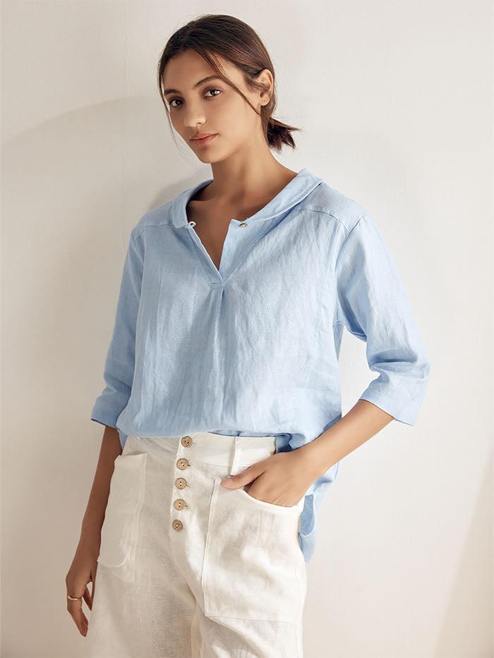 Top de lino con cuello chal y escote en V para mujer-Tops for women-Casaluzia