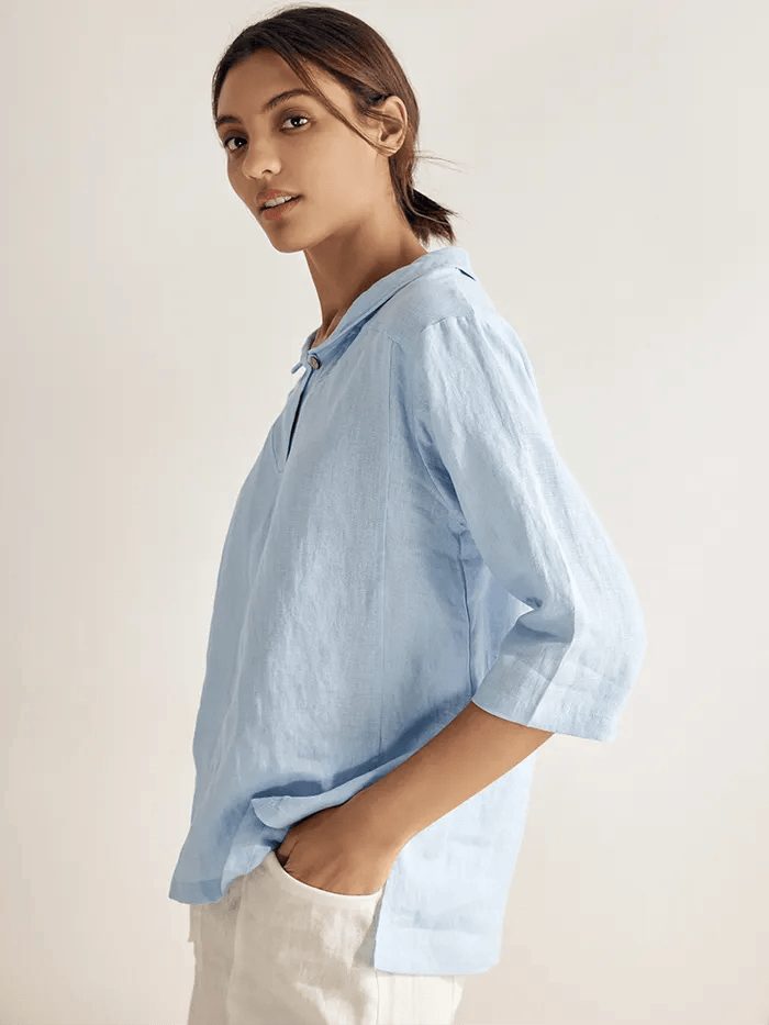 Top de lino con cuello chal y escote en V para mujer-Tops for women-Casaluzia
