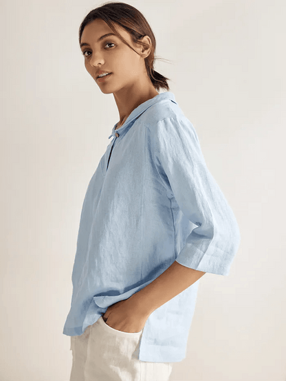 Top de lino con cuello chal y escote en V para mujer-Tops for women-Casaluzia