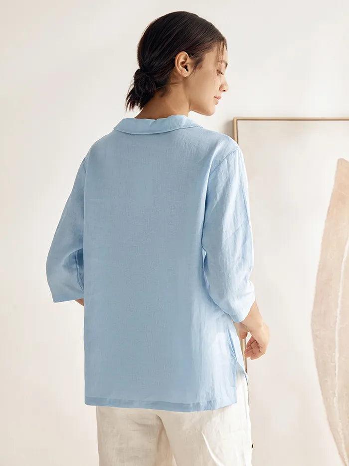 Top de lino con cuello chal y escote en V para mujer-Tops for women-Casaluzia