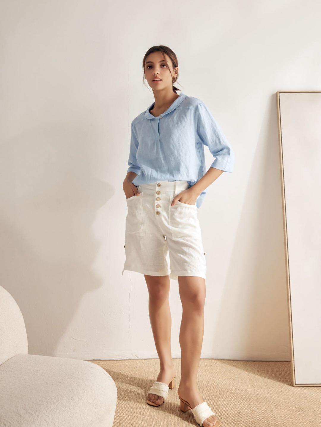 Top de lino con cuello chal y escote en V para mujer-Tops for women-Casaluzia