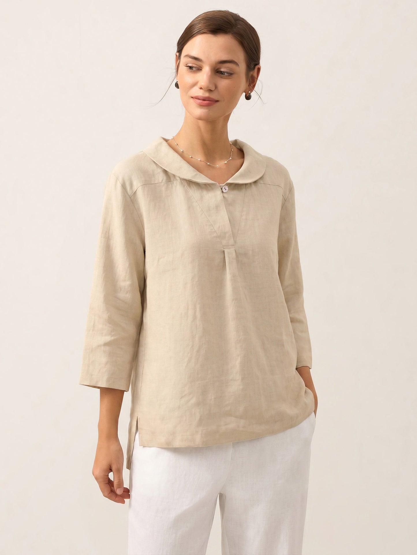 Top de lino con cuello chal y escote en V para mujer-Tops for women-Casaluzia