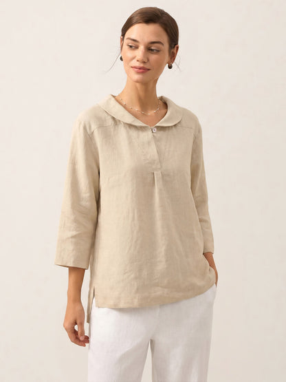 Top de lino con cuello chal y escote en V para mujer-Tops for women-Casaluzia