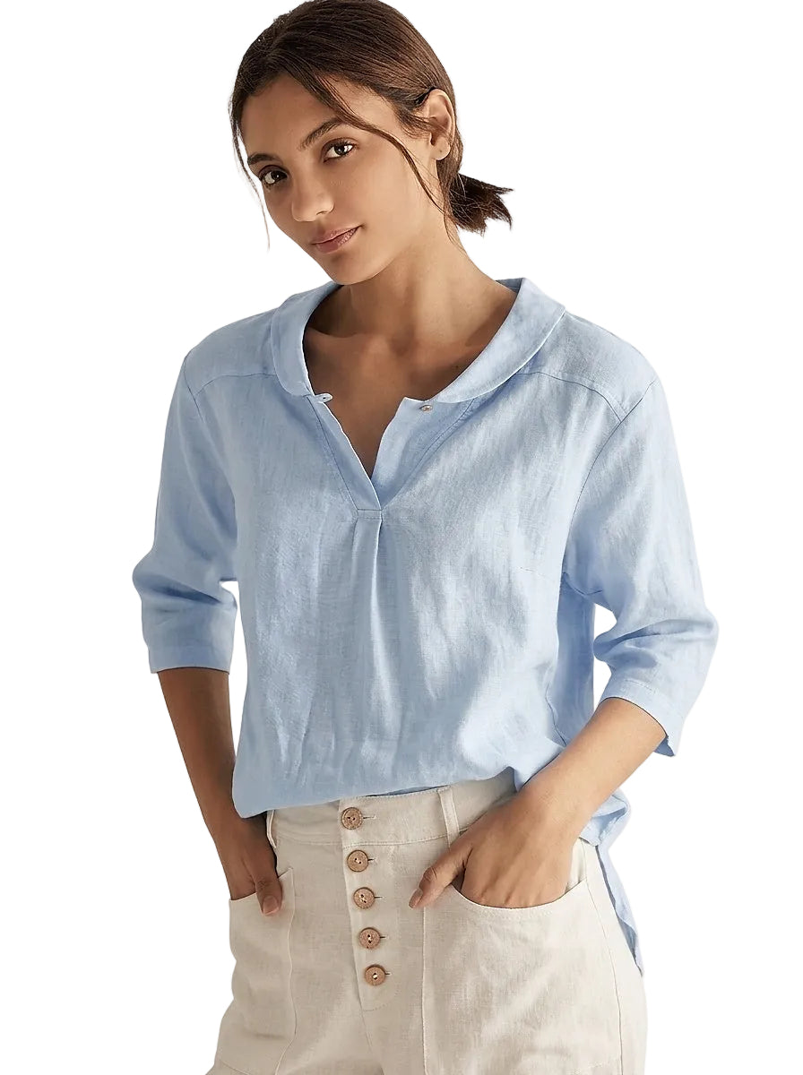 Top de lino con cuello chal y escote en V para mujer-Tops for women-Casaluzia