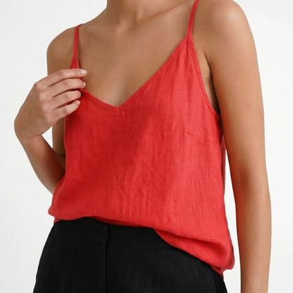 Top de lino con cuello en V para mujer-Tops for women-Casaluzia
