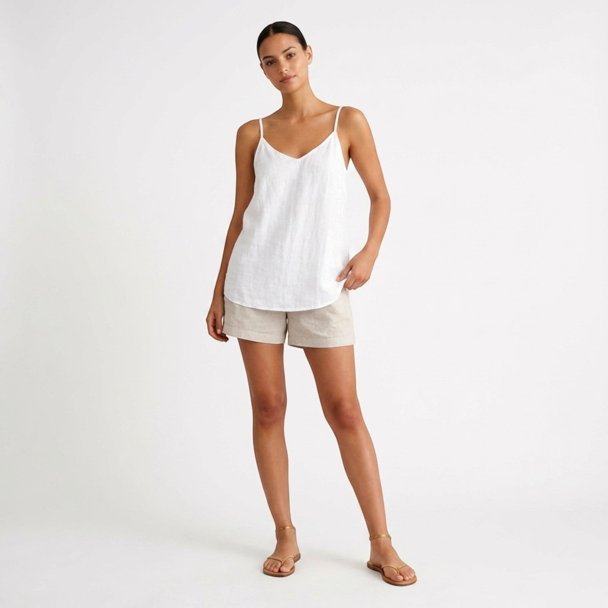 Top de lino con cuello en V para mujer-Tops for women-Casaluzia