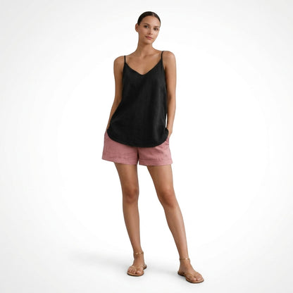 Top de lino con cuello en V para mujer-Tops for women-Casaluzia