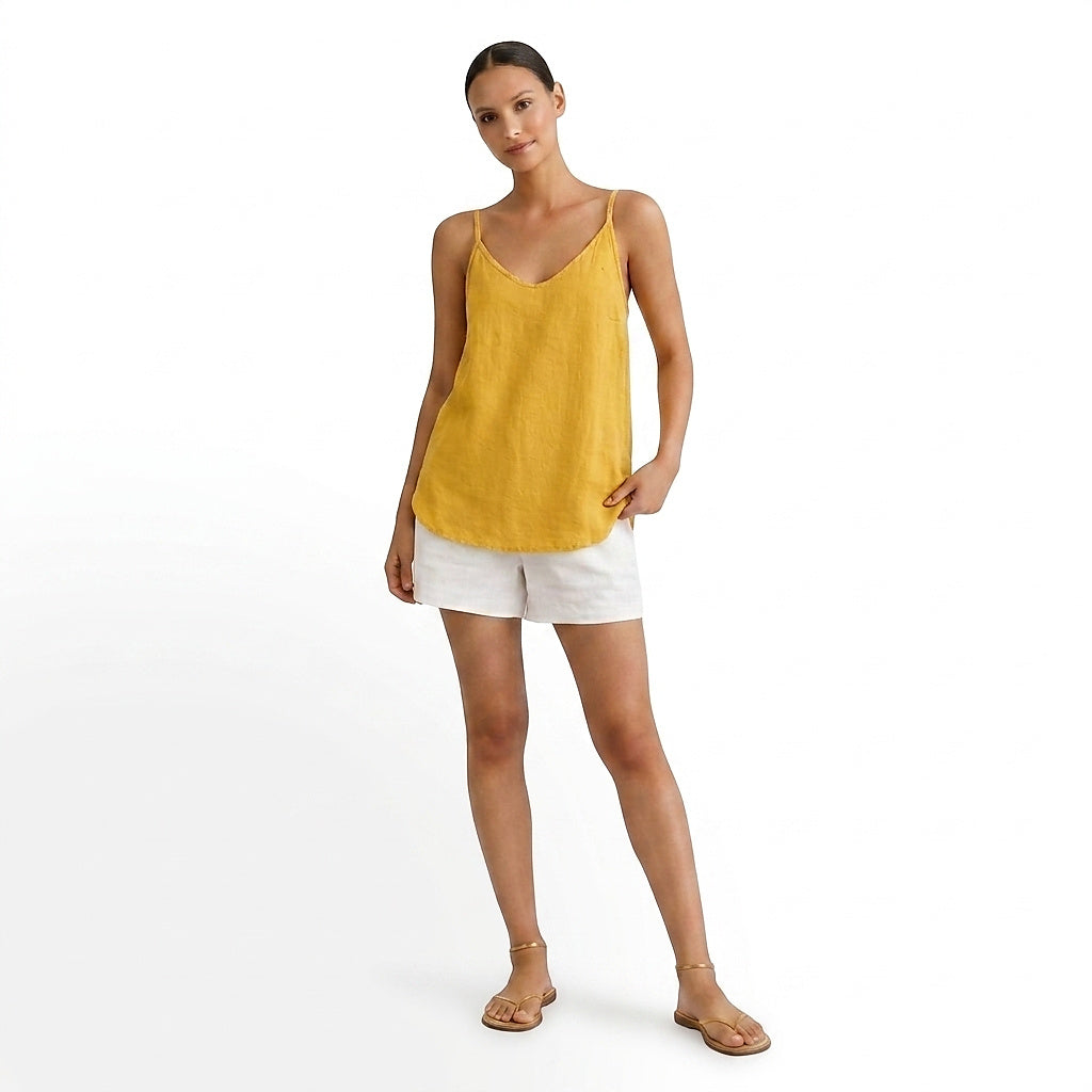 Top de lino con cuello en V para mujer-Tops for women-Casaluzia