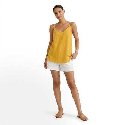 Top de lino con cuello en V para mujer-Tops for women-Casaluzia