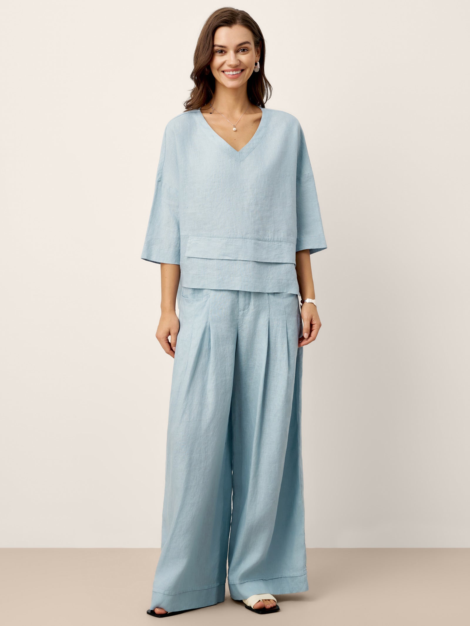 Top de lino con cuello en V y dobladillo a capas para mujer-Tops for women-Casaluzia