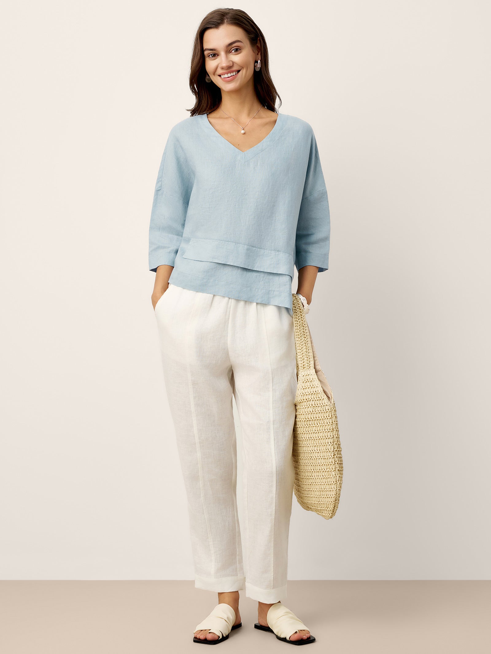 Top de lino con cuello en V y dobladillo a capas para mujer-Tops for women-Casaluzia