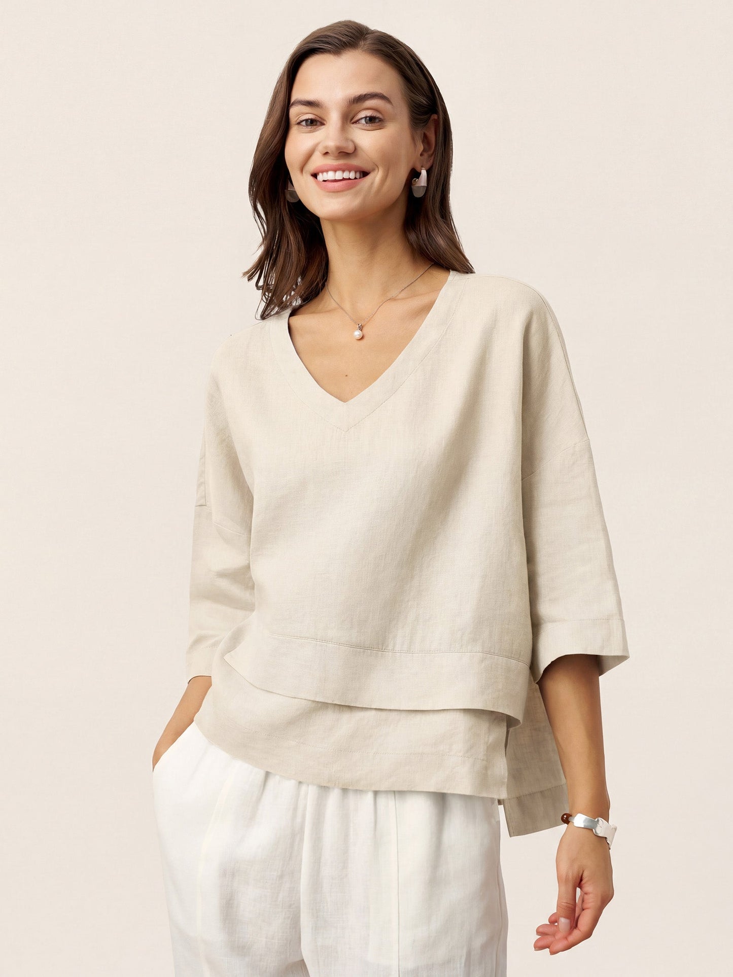Top de lino con cuello en V y dobladillo a capas para mujer-Tops for women-Casaluzia