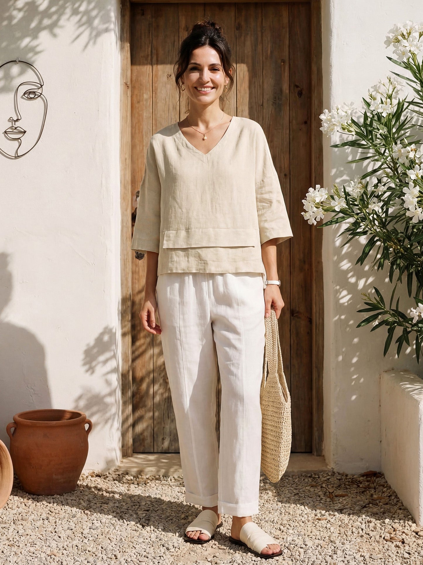 Top de lino con cuello en V y dobladillo a capas para mujer-Tops for women-Casaluzia