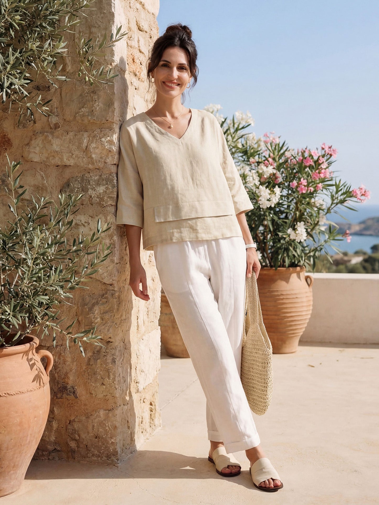 Top de lino con cuello en V y dobladillo a capas para mujer-Tops for women-Casaluzia