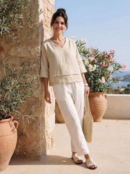 Top de lino con cuello en V y dobladillo a capas para mujer-Tops for women-Casaluzia