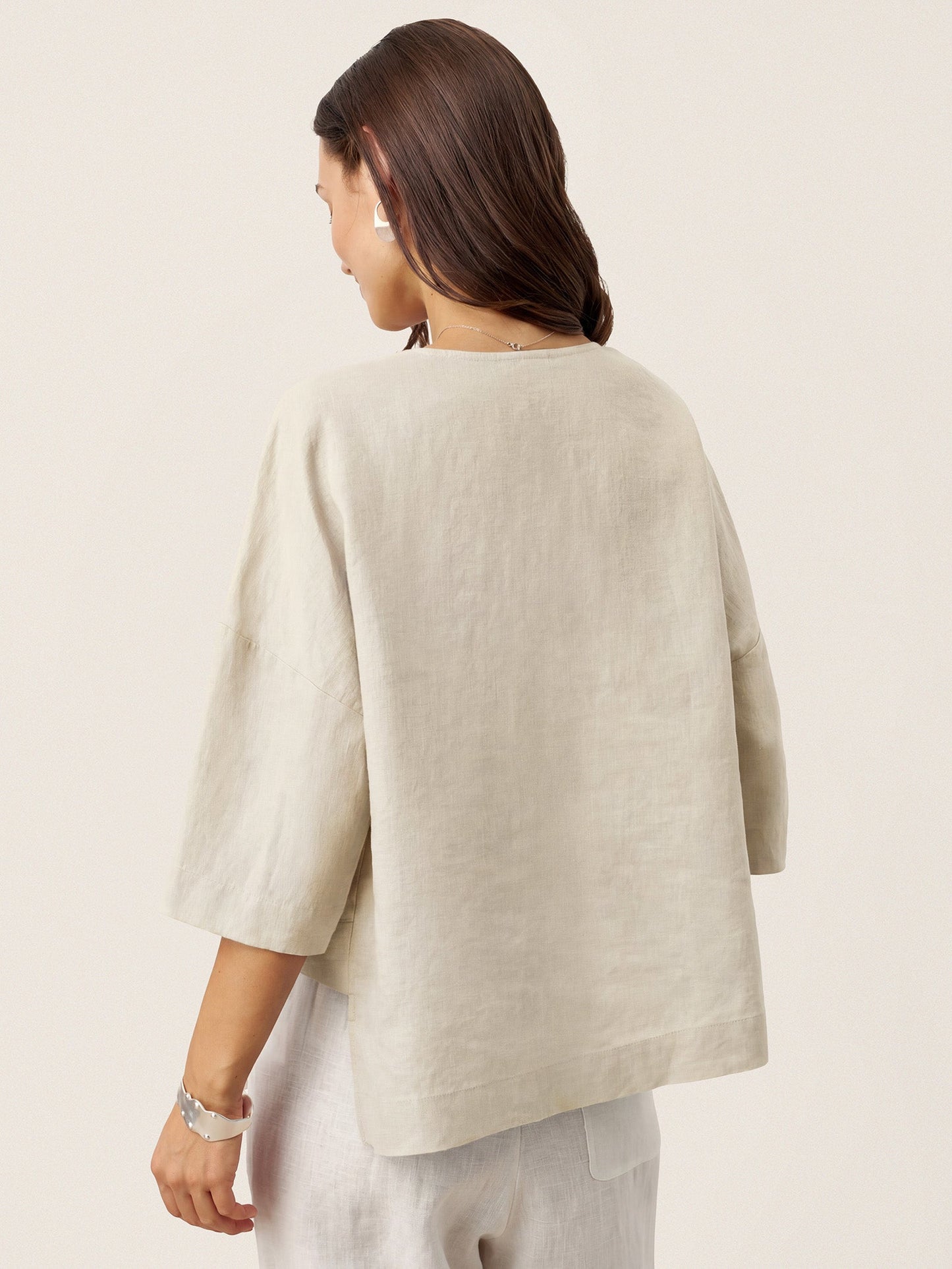 Top de lino con cuello en V y dobladillo a capas para mujer-Tops for women-Casaluzia