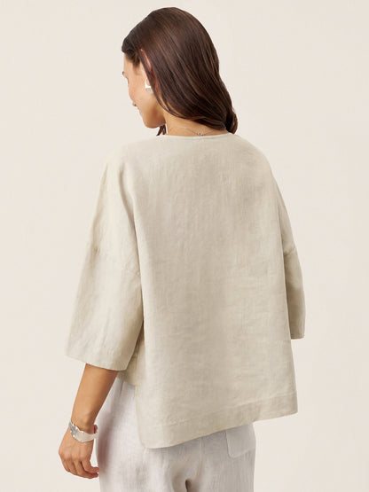 Top de lino con cuello en V y dobladillo a capas para mujer-Tops for women-Casaluzia