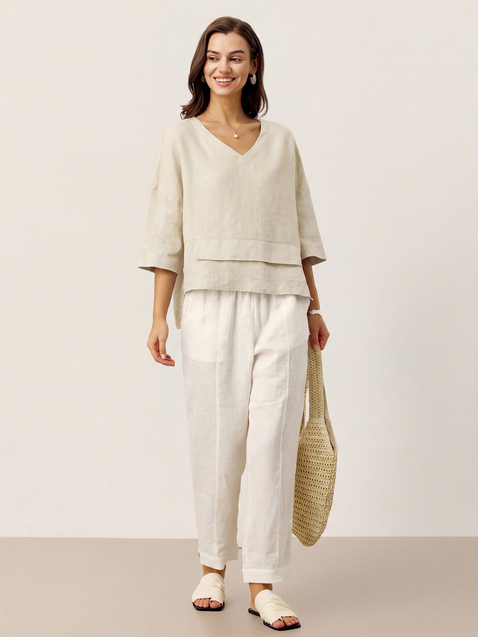 Top de lino con cuello en V y dobladillo a capas para mujer-Tops for women-Casaluzia