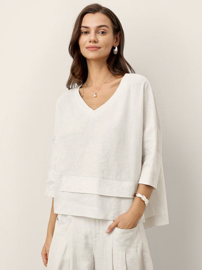 Top de lino con cuello en V y dobladillo a capas para mujer-Tops for women-Casaluzia