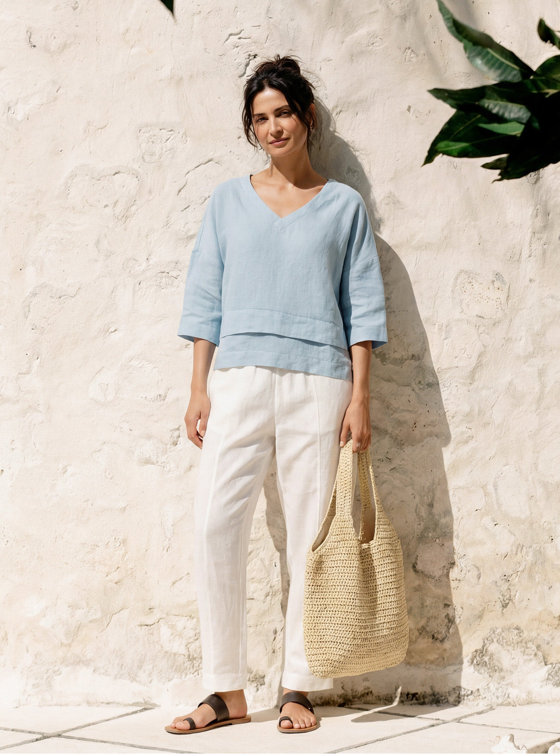 Top de lino con cuello en V y dobladillo a capas para mujer-Tops for women-Casaluzia