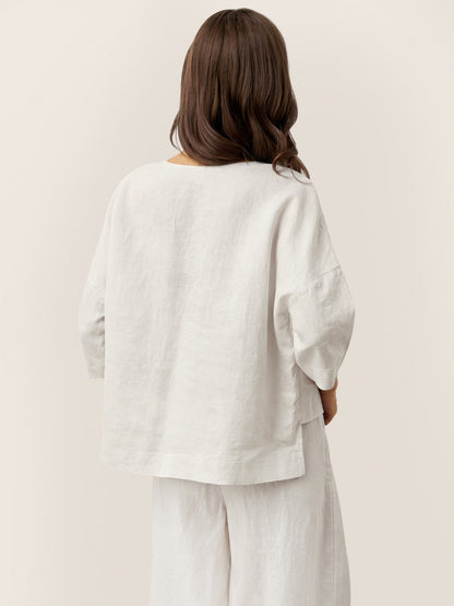 Top de lino con cuello en V y dobladillo a capas para mujer-Tops for women-Casaluzia