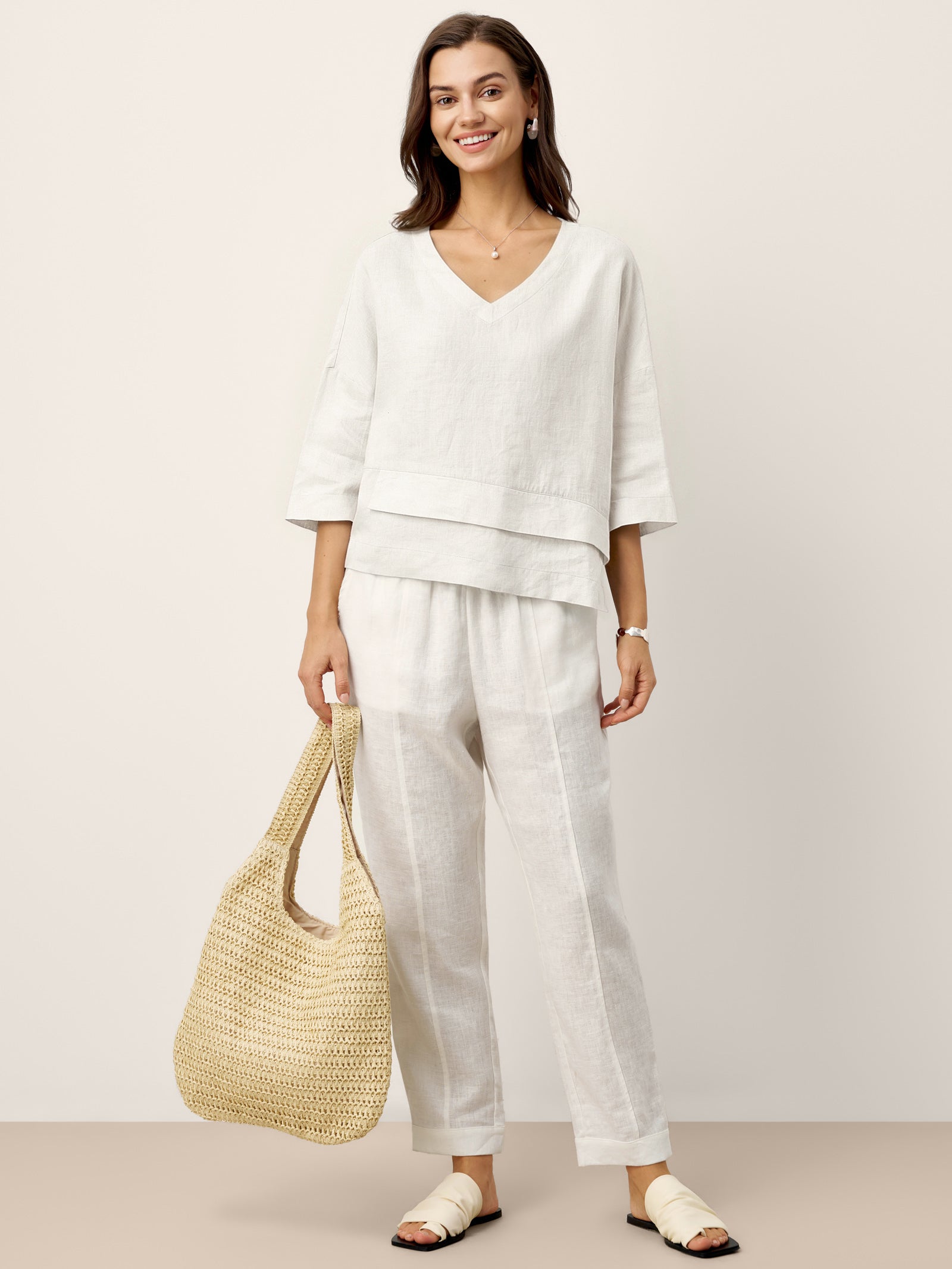 Top de lino con cuello en V y dobladillo a capas para mujer-Tops for women-Casaluzia