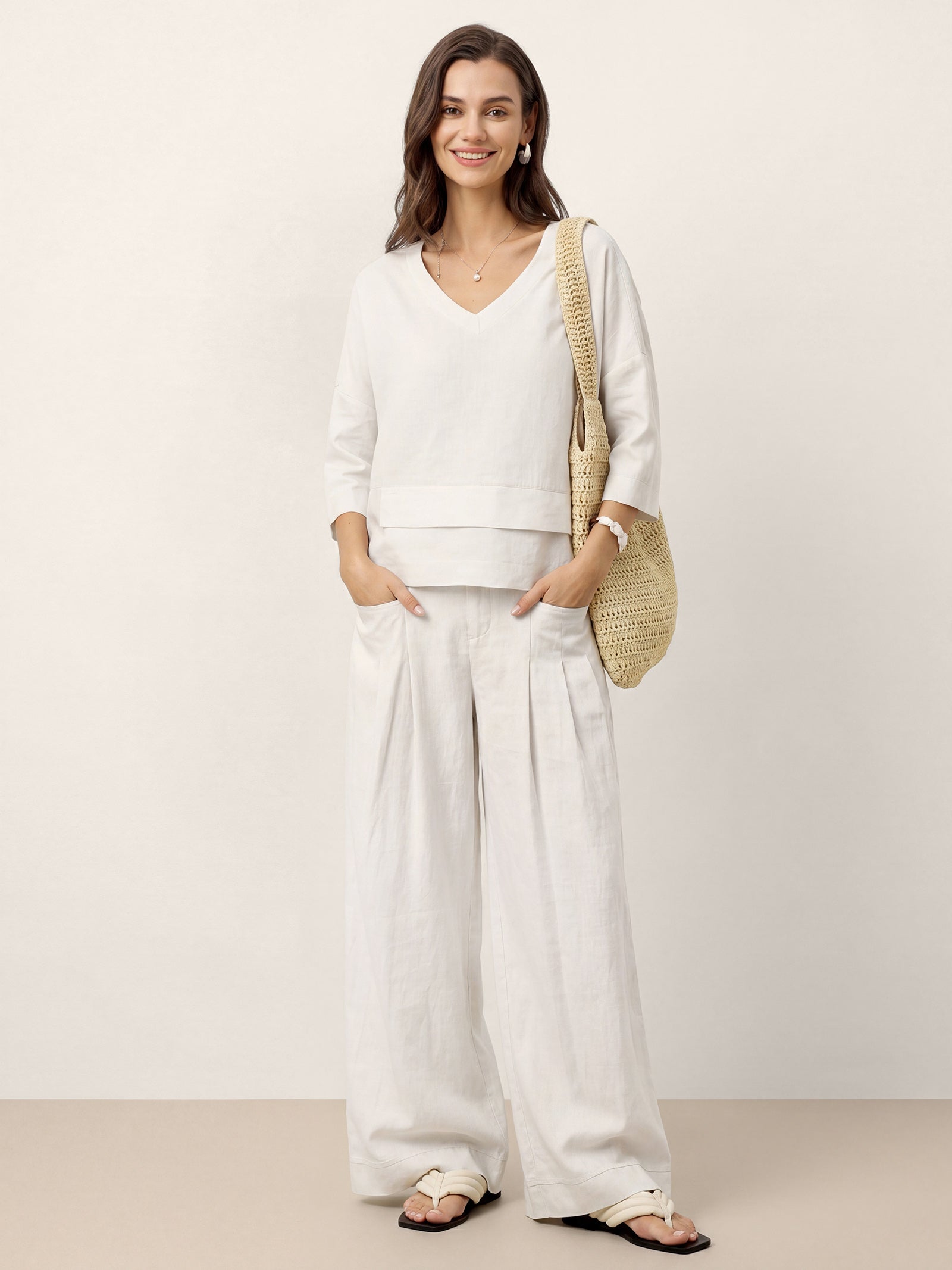 Top de lino con cuello en V y dobladillo a capas para mujer-Tops for women-Casaluzia