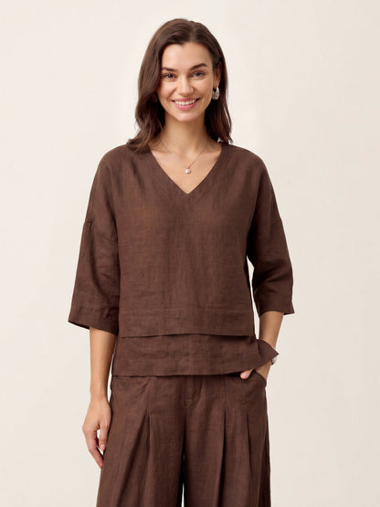 Top de lino con cuello en V y dobladillo a capas para mujer-Tops for women-Casaluzia