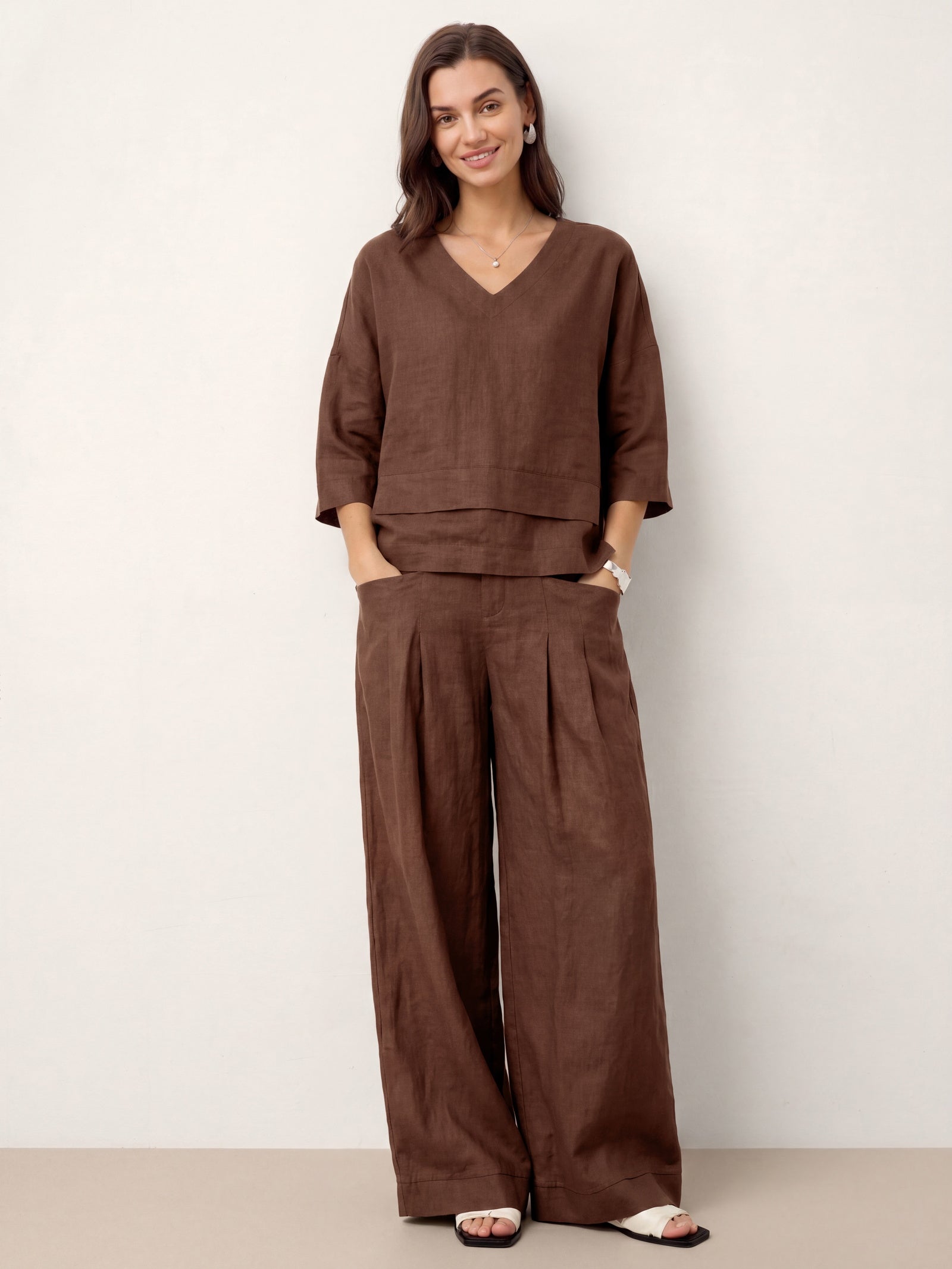 Top de lino con cuello en V y dobladillo a capas para mujer-Tops for women-Casaluzia