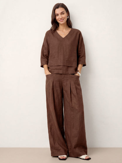Top de lino con cuello en V y dobladillo a capas para mujer-Tops for women-Casaluzia