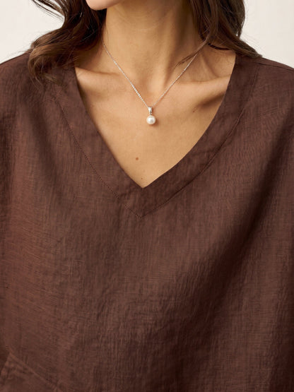 Top de lino con cuello en V y dobladillo a capas para mujer-Tops for women-Casaluzia