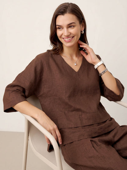 Top de lino con cuello en V y dobladillo a capas para mujer-Tops for women-Casaluzia